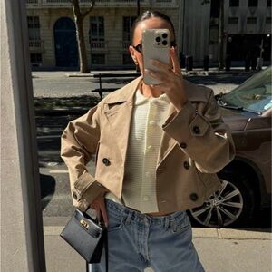 Women's Tan Double-Breasted cropped Jacket